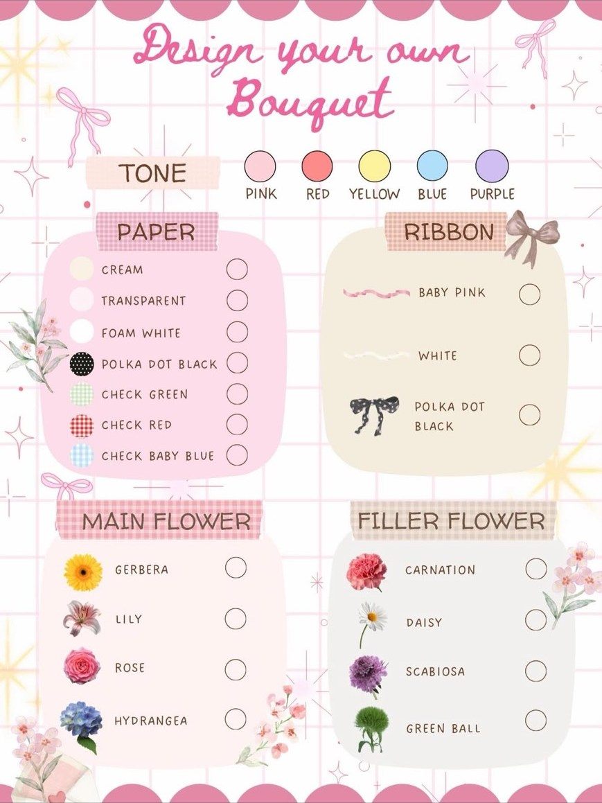 ตารางตัวเลือกจัดช่อดอกไม้เอง — โทนสี กระดาษห่อ ริบบิ้น ดอกหลัก ดอกแซม