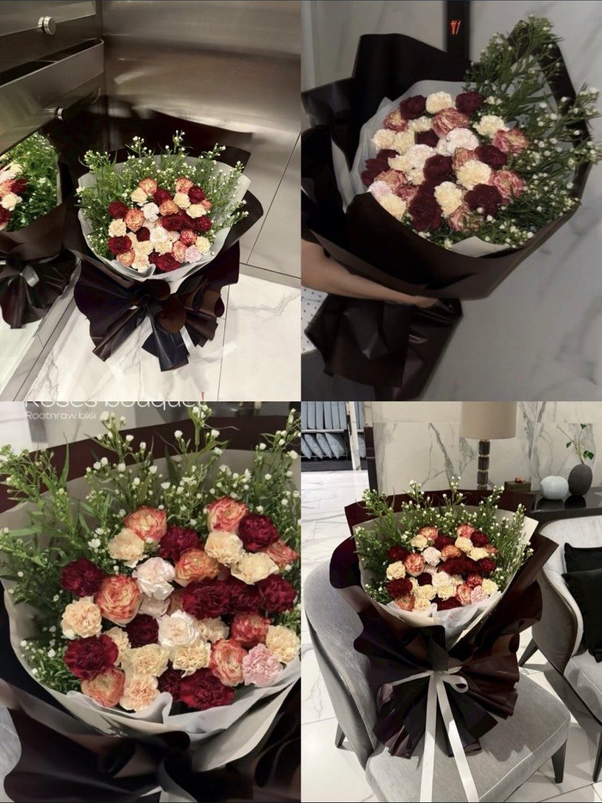 ผลงานช่อดอกไม้ — คาร์เนชั่นแดง-ครีม · ห่อเลือดหมู
